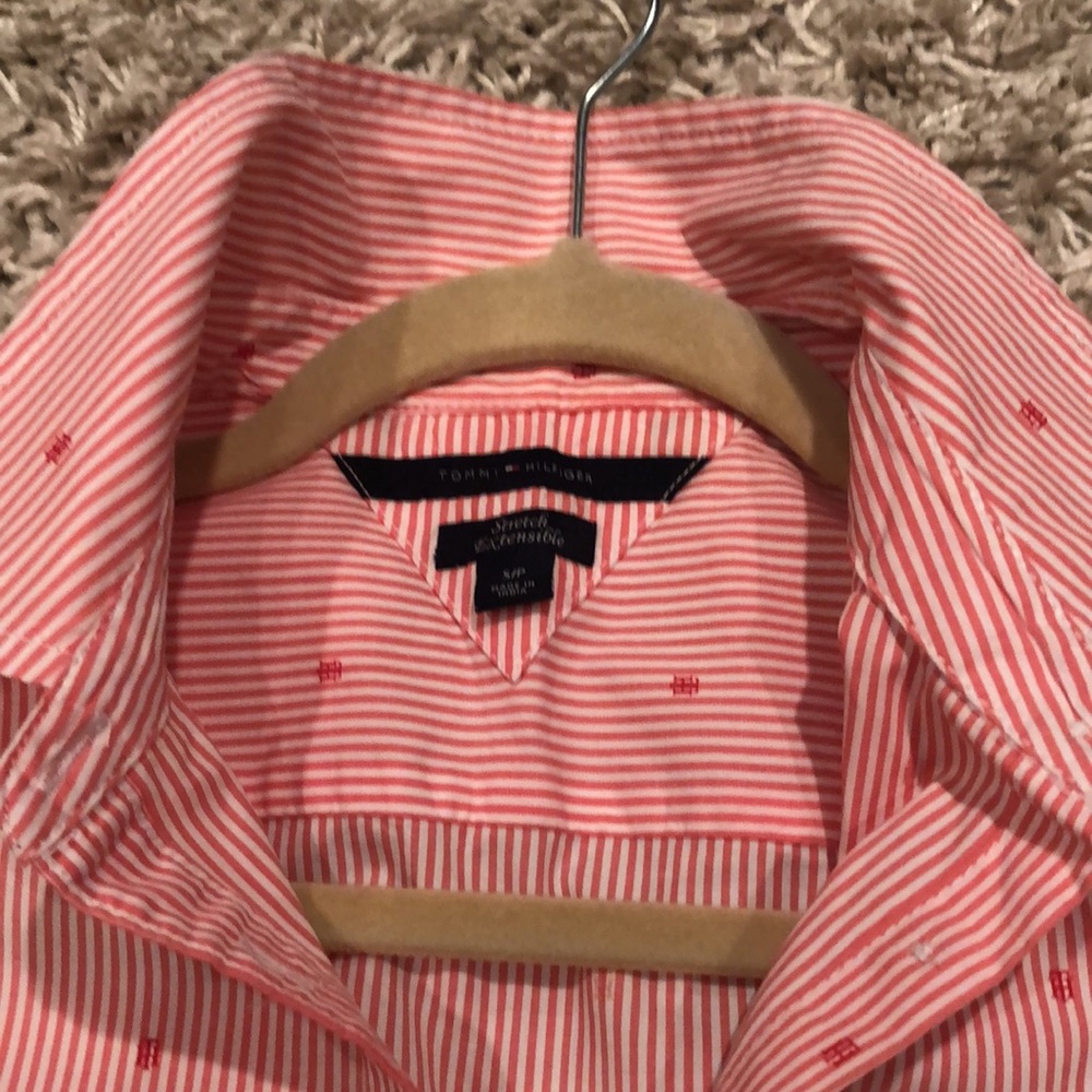 Tommy Hilfiger peach/white striped long sleeve blouse & collar&TH application,S, - Picture 4 of 8